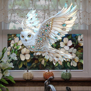 White Diamond Owl Window Hanging Suncatcher Ornament