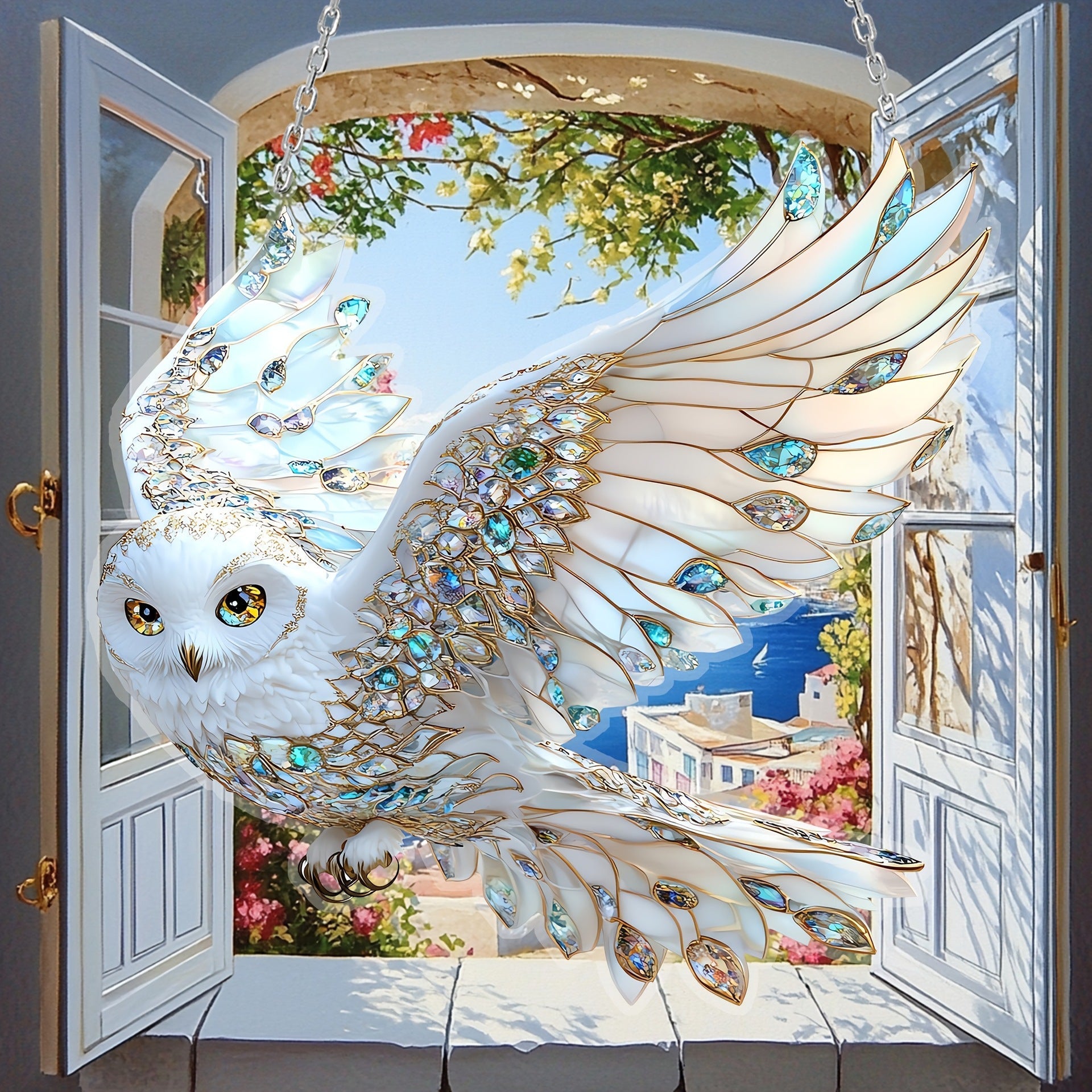 White Diamond Owl Window Hanging Suncatcher Ornament