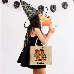 Personalized Cartoon Character Pumpkin Design Trick or Treat Candy Jute Tote Bag with Initial & Name Halloween Party Favors Gift for Kids