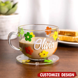 Personalized Flower Glass Coffee Cup Set with Name