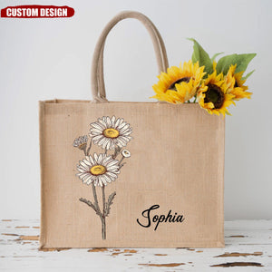 Personalized Birth Flower Jute Tote Bag