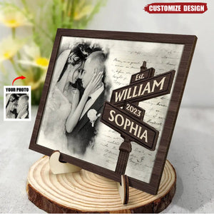 Custom Photo First Anniversary Gift For Couples Family - Personalized 2-Layered Wooden Plaque With Stand