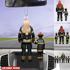 Firefighter Mom And Kids - Personalized Acrylic Car Ornament