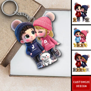 Cute Cartoon Couple You Me And The Dog Cat Personalized Acrylic Keychain-Gift For Couple