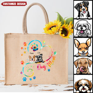 Dog Mom Heart Line Personalized  Jute Tote Bag, DIY Gift For Pet Lovers