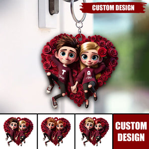 Rose Heart Couple Personalized Keychain, Anniversary Gift For Couple