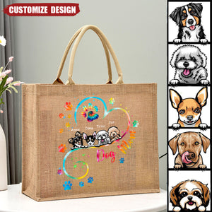 Dog Mom Heart Line Personalized  Jute Tote Bag, DIY Gift For Pet Lovers