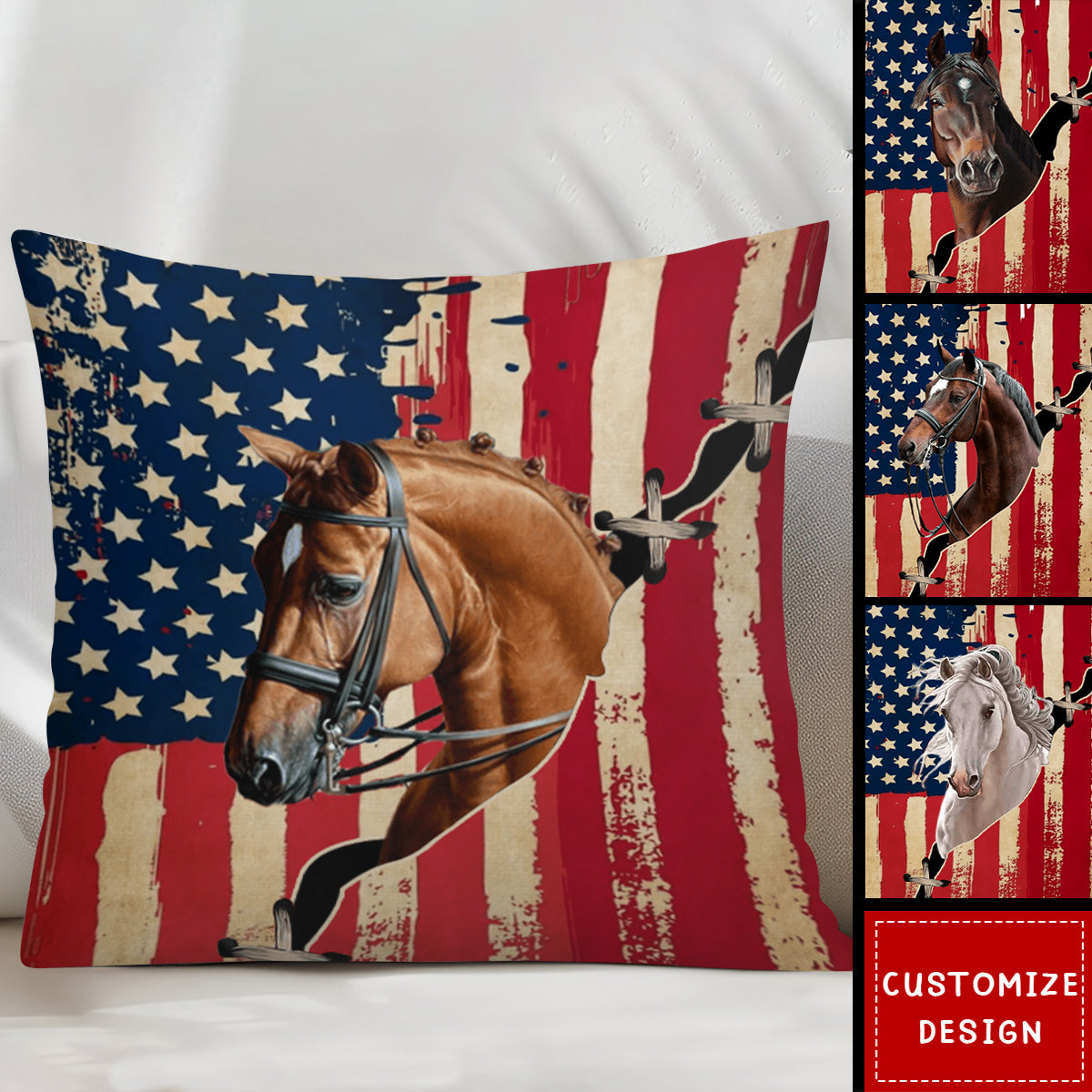 Personalized America Flag Horse Pillow - Gift For Horse Lovers