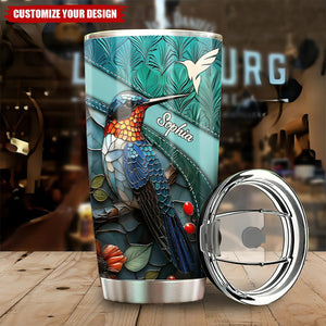 Personalized Stained Glass Hummingbird White Feather Pattern Tumbler