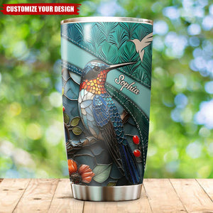 Personalized Stained Glass Hummingbird White Feather Pattern Tumbler