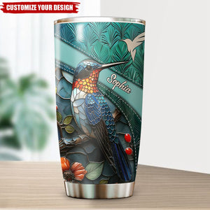 Personalized Stained Glass Hummingbird White Feather Pattern Tumbler