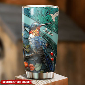 Personalized Stained Glass Hummingbird White Feather Pattern Tumbler