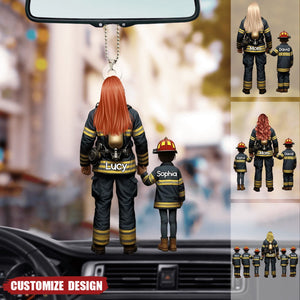 Firefighter Mom And Kids - Personalized Acrylic Car Ornament