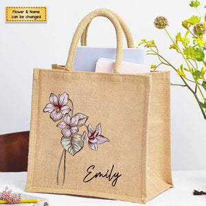 Personalized Birth Flower Jute Tote Bag