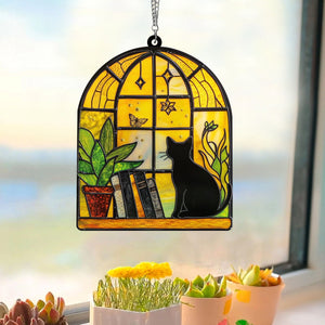 Black Cat And Book Suncatcher Ornament, Gift For Book Lovers