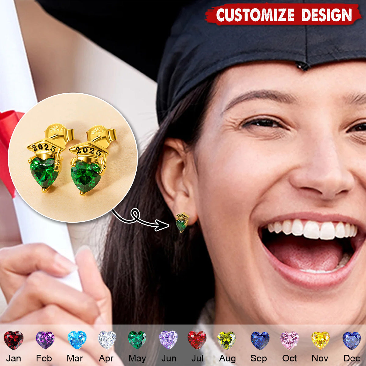 Personalized Graduation Cap Heart Birthstone Stud Earrings