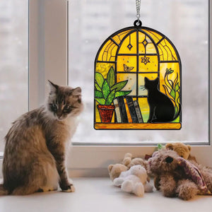 Black Cat And Book Suncatcher Ornament, Gift For Book Lovers