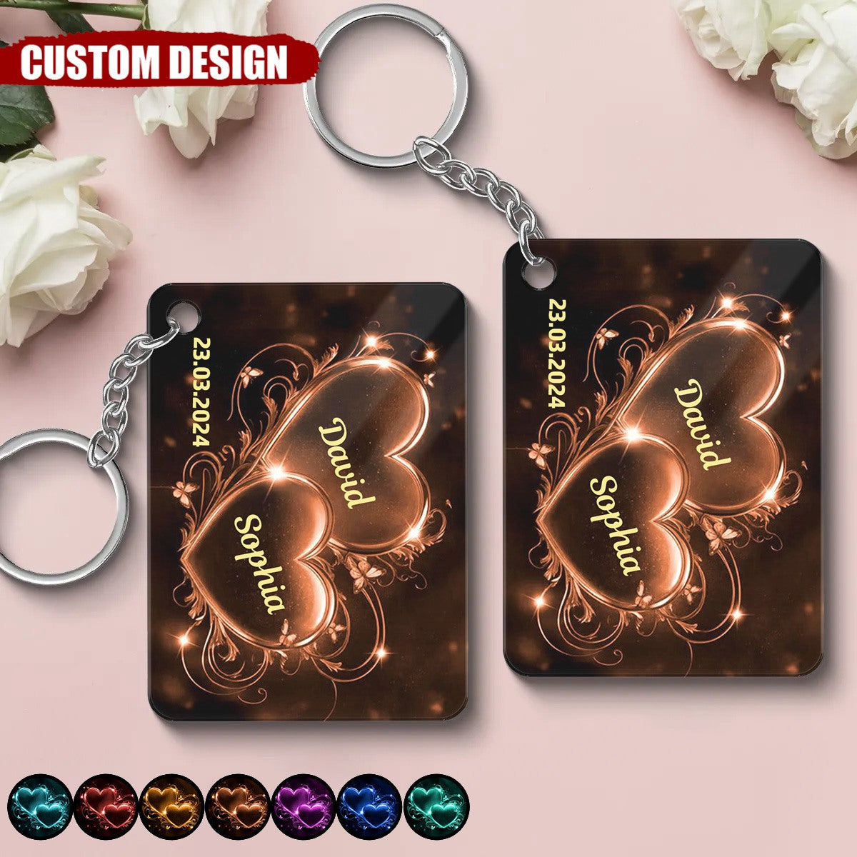 Double Heart Personalized Couple Keychain, Anniversary Gift for Couple