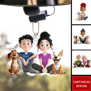 Personalized Cute Cartoon Couple And Dogs Acrylic Car Ornament-Gift For Dog Lovers, Couple