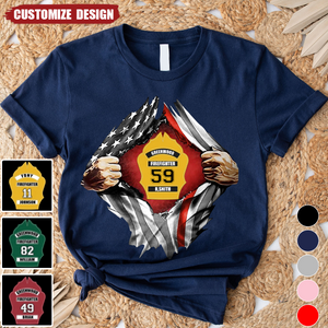 Personalized US Firefighter Hand Tear Flag Custom Name & ID Number T-shirt