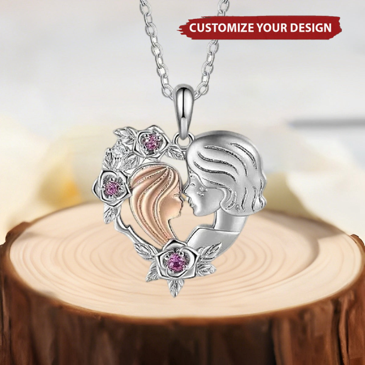 Personalized Two-Tone Grandmother Granddaughter Rose Heart Necklace with Birthstone Birthday Mother’s Day Gift for Her