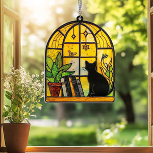 Black Cat And Book Suncatcher Ornament, Gift For Book Lovers