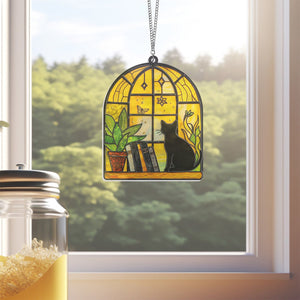 Black Cat And Book Suncatcher Ornament, Gift For Book Lovers