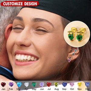 Personalized Graduation Cap Heart Birthstone Stud Earrings