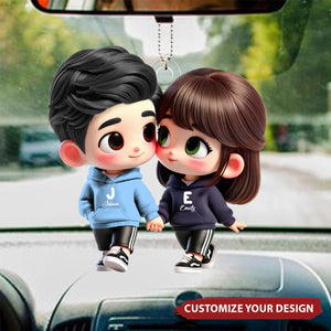 Cute Cartoon Couple Holding Hands Personalized Car Ornament, Anniversary & Valentine's Day Gift