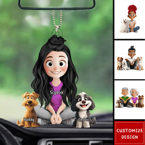 Personalized Cute Cartoon Couple And Dogs Acrylic Car Ornament-Gift For Dog Lovers, Couple