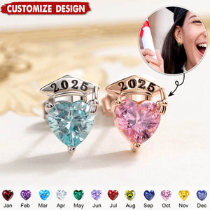 Personalized Graduation Cap Heart Birthstone Stud Earrings