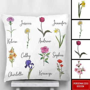 Family Members With Birth Flowers - Personalized Pillow-Gift For Family And Friends