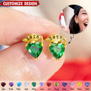 Personalized Graduation Cap Heart Birthstone Stud Earrings