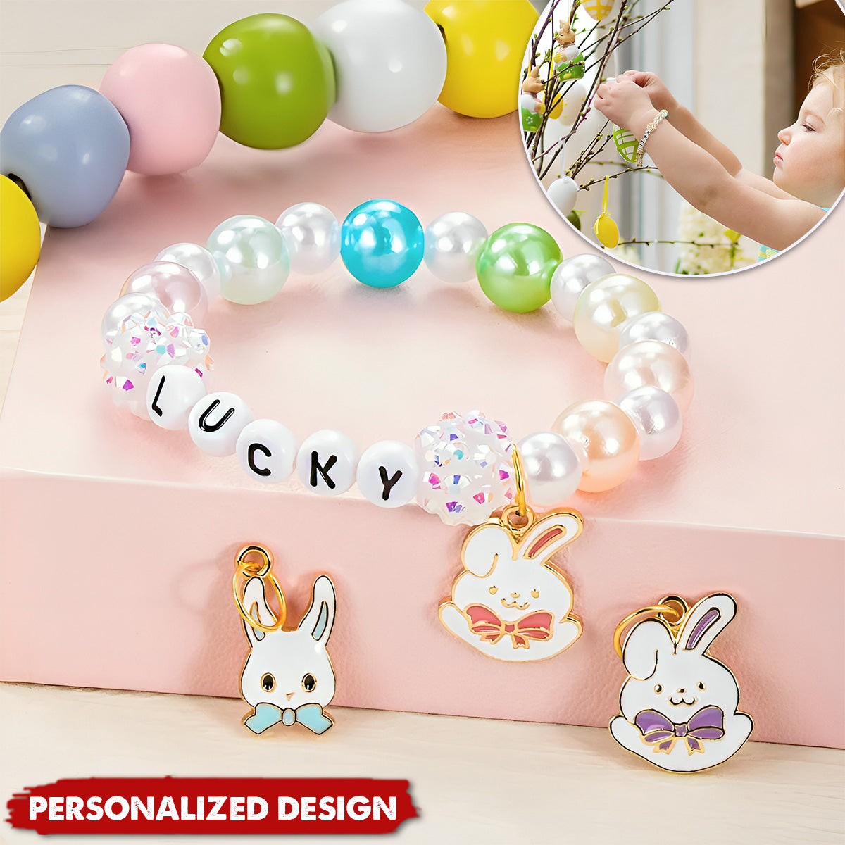 Personalized Cute Bunny Beaded Stretch Name Bracelet-Charm Easter Gift for Kids