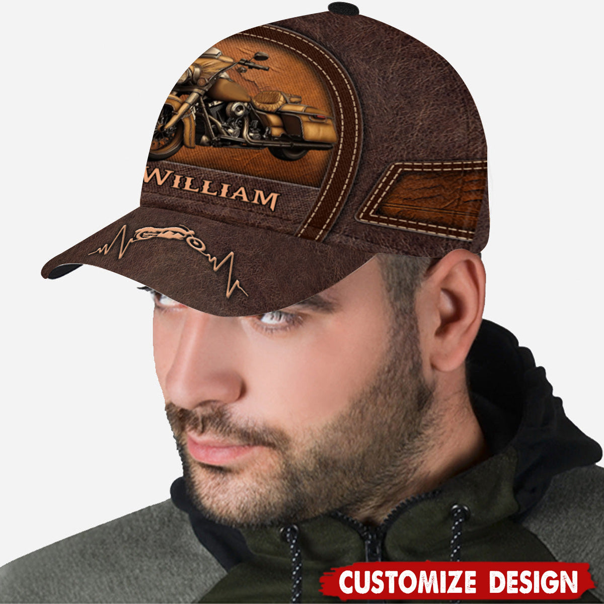 Old Biker Custom Leather Pattern Printed Personalized Classic Cap Unique Biker Classic Cap