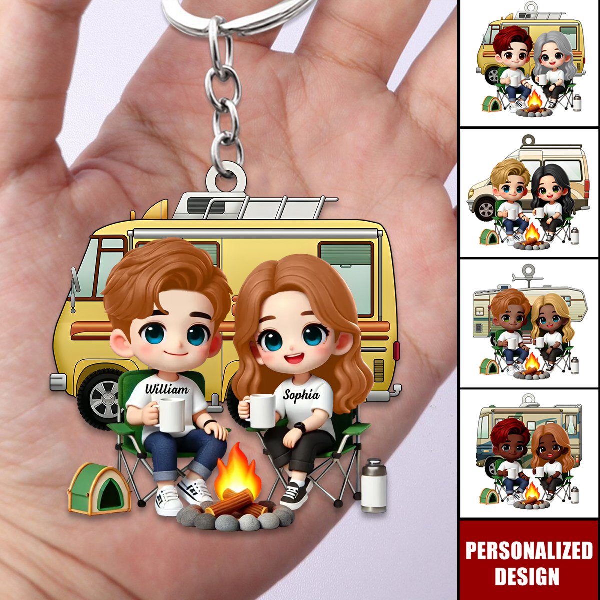 Cute Cartoon Camping Couple-Personalized Keychain-Gift for him,for her