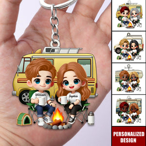 Cute Cartoon Camping Couple-Personalized Keychain-Gift for him,for her