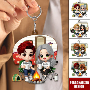 Cute Cartoon Camping Couple-Personalized Keychain-Gift for him,for her