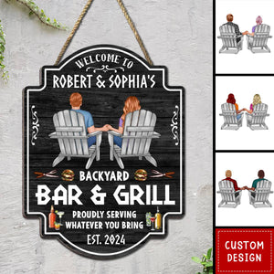 Backyard Bar & Grill Couple Sitting Personalized Wood Sign