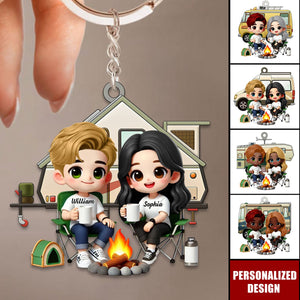 Cute Cartoon Camping Couple-Personalized Keychain-Gift for him,for her