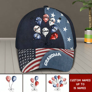 Personalized US Grandma Bunch of Balloons & Kid Names Independence Day 4th July Cap 3D Printed