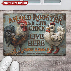 An Old Rooster & A Cute Chick Live Here - Personalized Doormat-Gift For Chick Lovers,Farmer