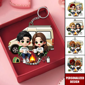 Cute Cartoon Camping Couple-Personalized Keychain-Gift for him,for her