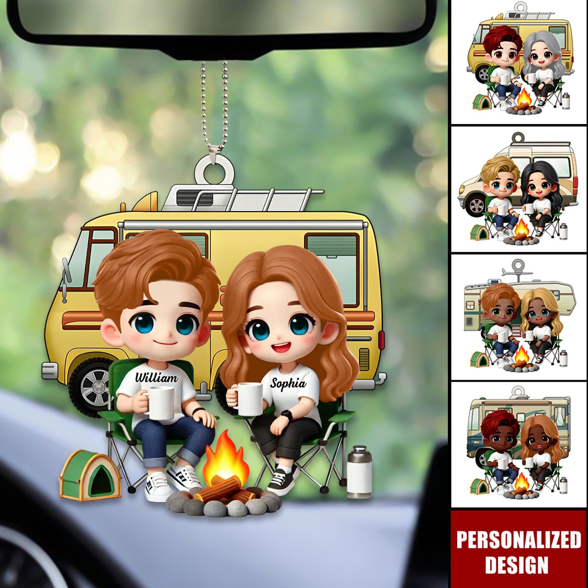 Cute Cartoon Camping Couple-Personalized Car Ornament-Gift for him,for her