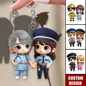 Cute Cartoon Couple by Occupation Personalized Keychain, Anniversary Gift For Couple