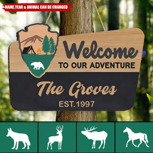 Welcome To Our Adventure Wooden Sign - Personalized 2 Layer Wooden Door Sign