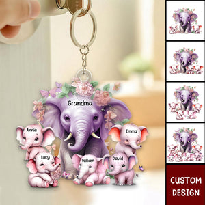 Mama Purple Elephant With Little Kids - Personalized Acrylic Keychain - Gift For Mom, Grandma