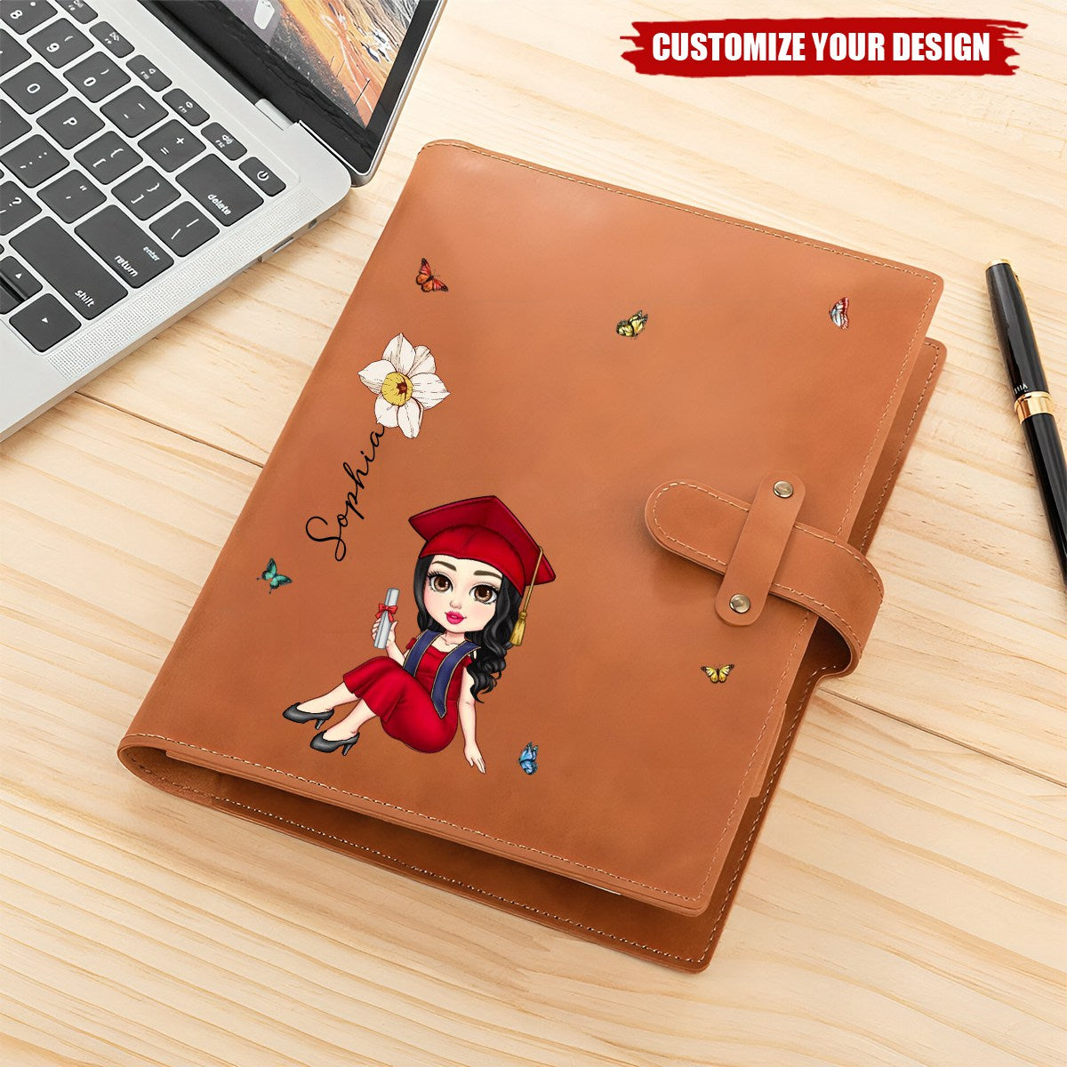 Personalized Cute Cartoon Graduate Birth Flower Leather Notebook with Name Birthday Graduation Gift for Graduates