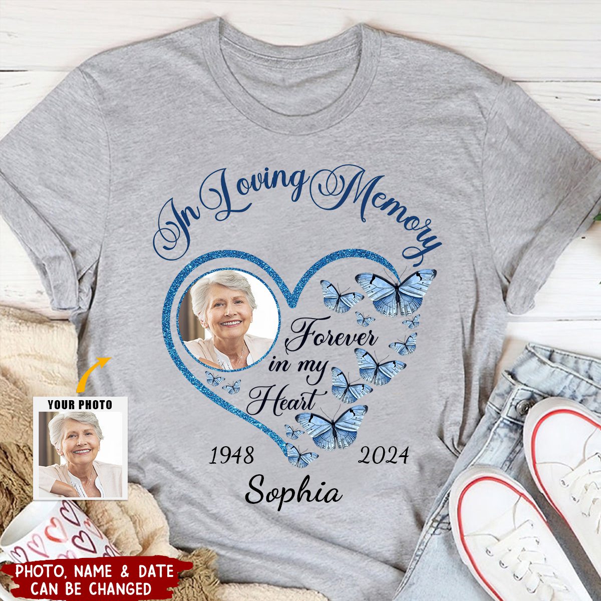 In Loving Memory Sparkling Heart Memorial Butterflies Personalized T-s ...