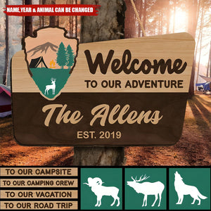 Welcome To Our Adventure Wooden Sign - Personalized 2 Layer Wooden Door Sign